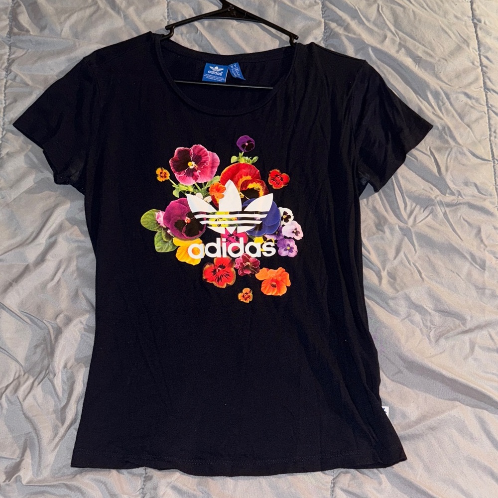 Adidas Black Tee with Colorful Floral Design
